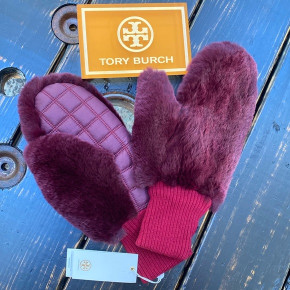 Tory Burch Rabbit Fur Mittens in Imperial Garnet - Picture 3 of 11